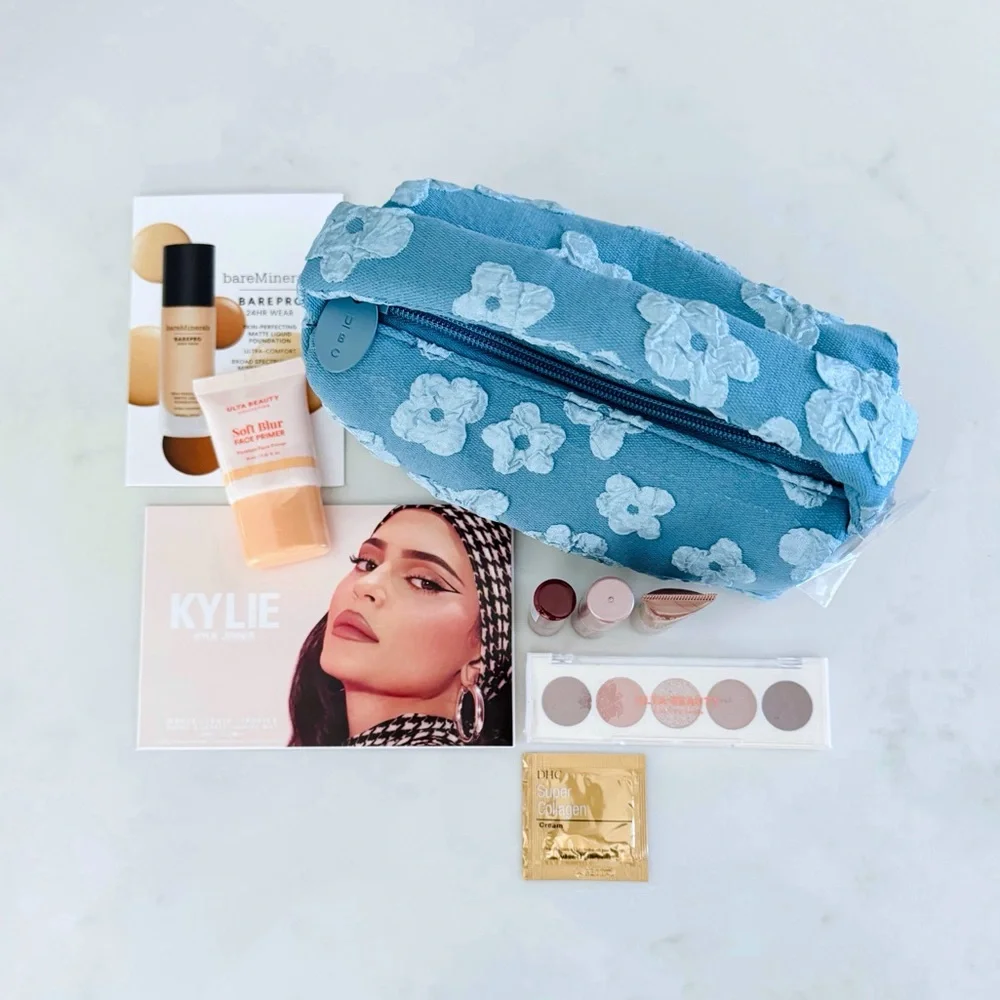 Ulta Beauty Denim Floral Stuffed Cosmetic & Make-Up Bag BUNDLE, Travel Samples